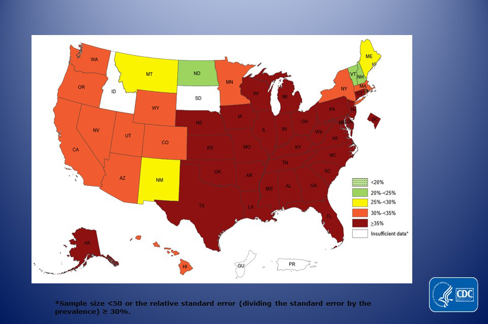 Prevalence of Self-Reported Obesity Among Non-Hispanic Black Adults, by State and Territory, BRFSS, 2016-2018