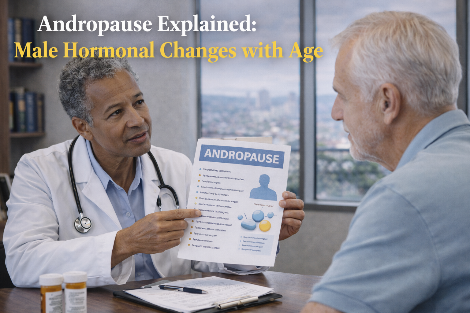 Doctor explaining andropause and male hormonal changes to an older patient