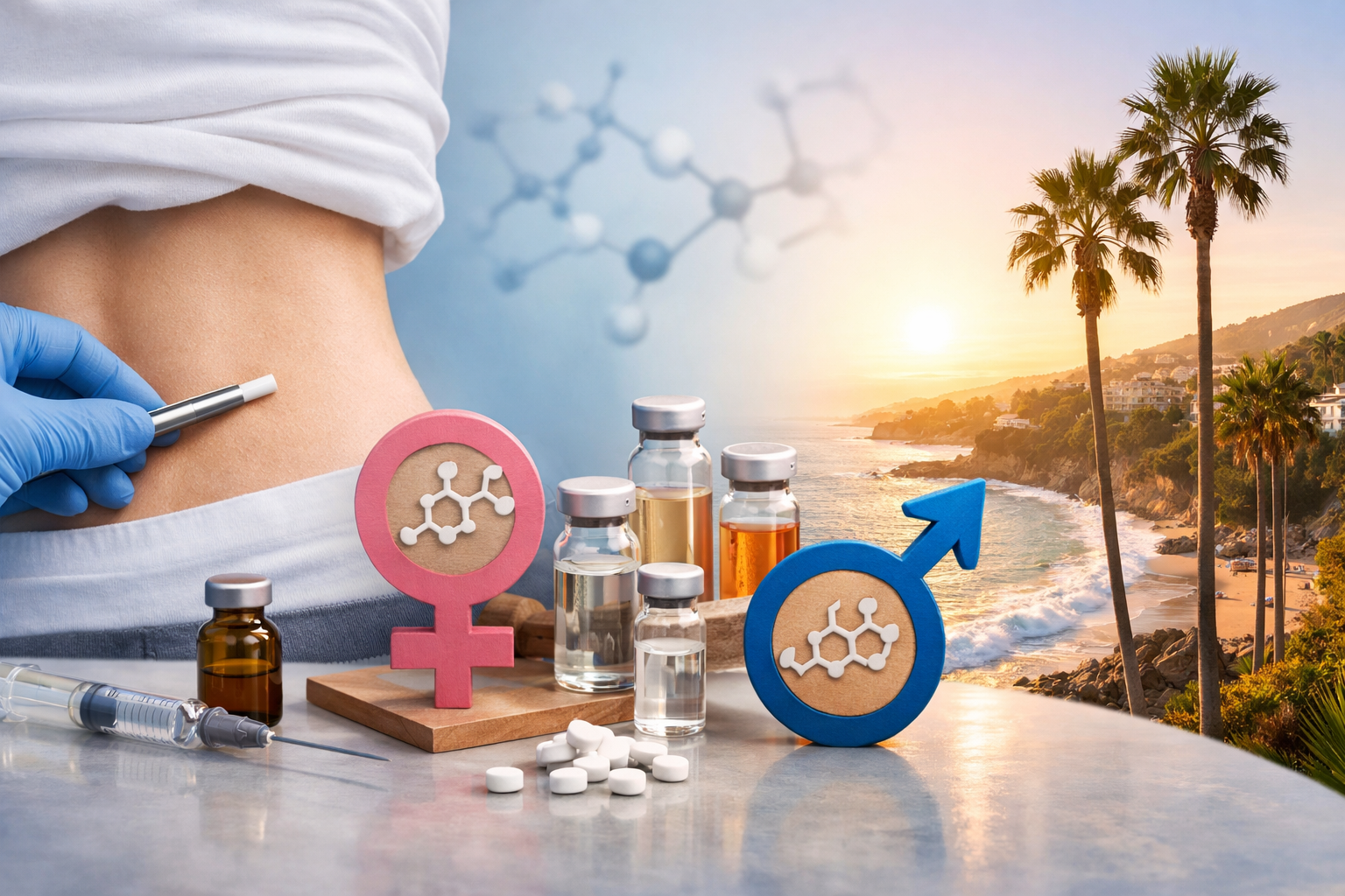 Bioidentical hormone pellet therapy procedure with medical setting and Orange County coastal background