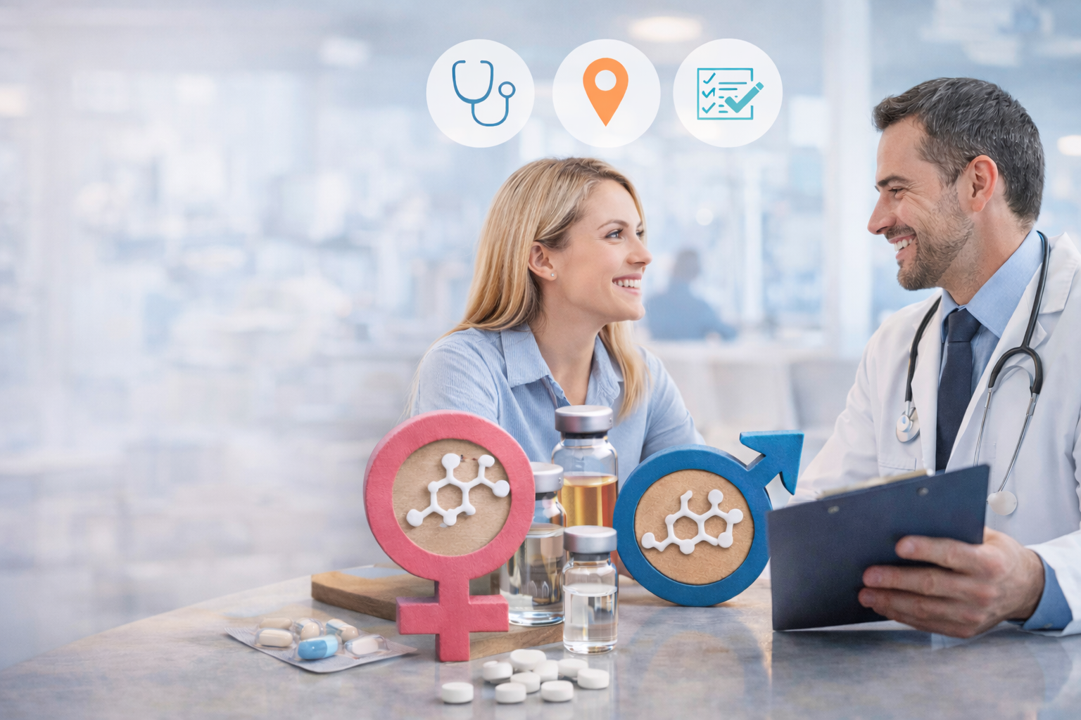 Doctor consulting with patient about hormone therapy treatment in a clinical setting