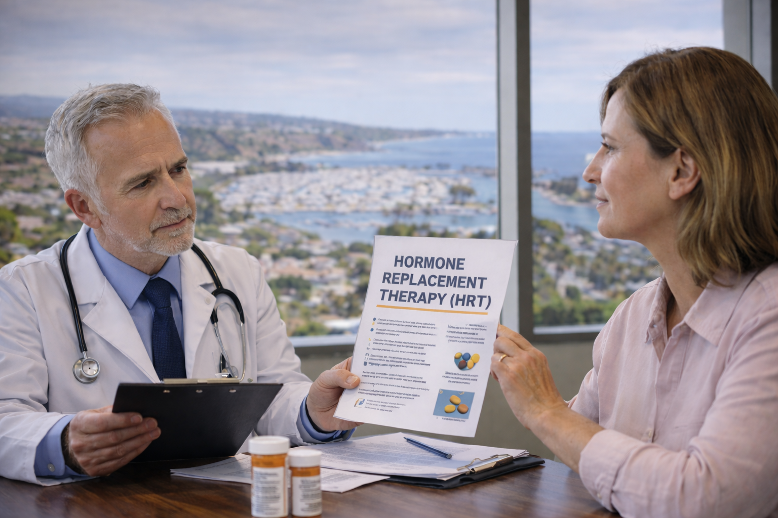 Doctor discussing hormone replacement therapy with patient in Dana Point