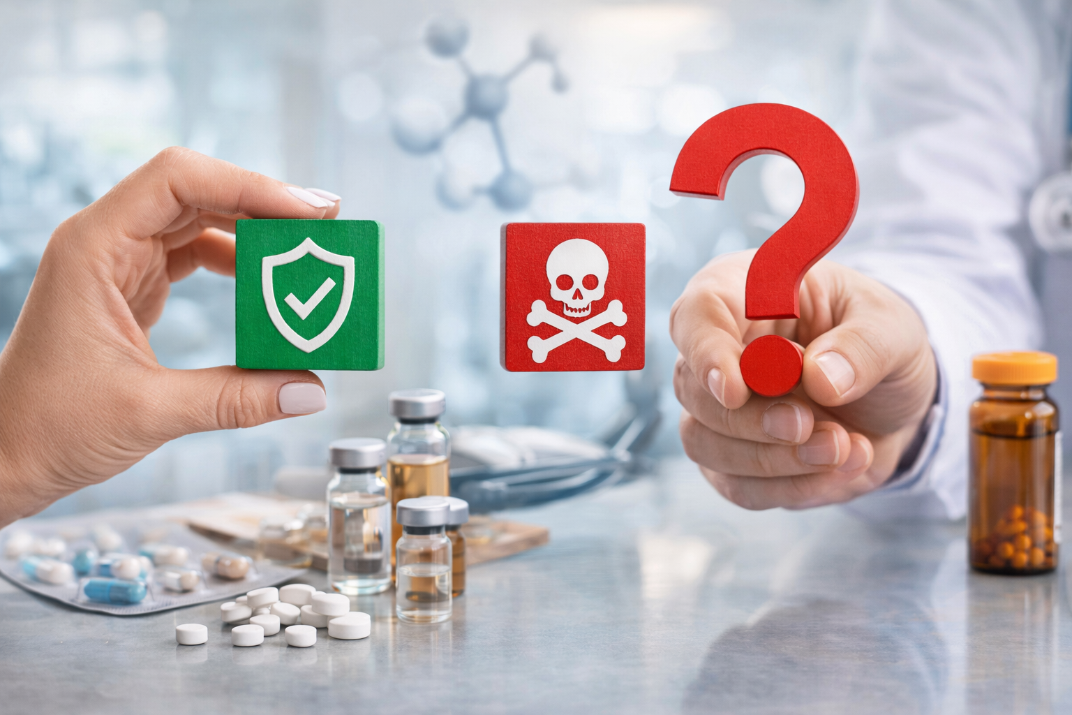 Doctor comparing safety and risks of hormone replacement therapy with medication and medical symbols