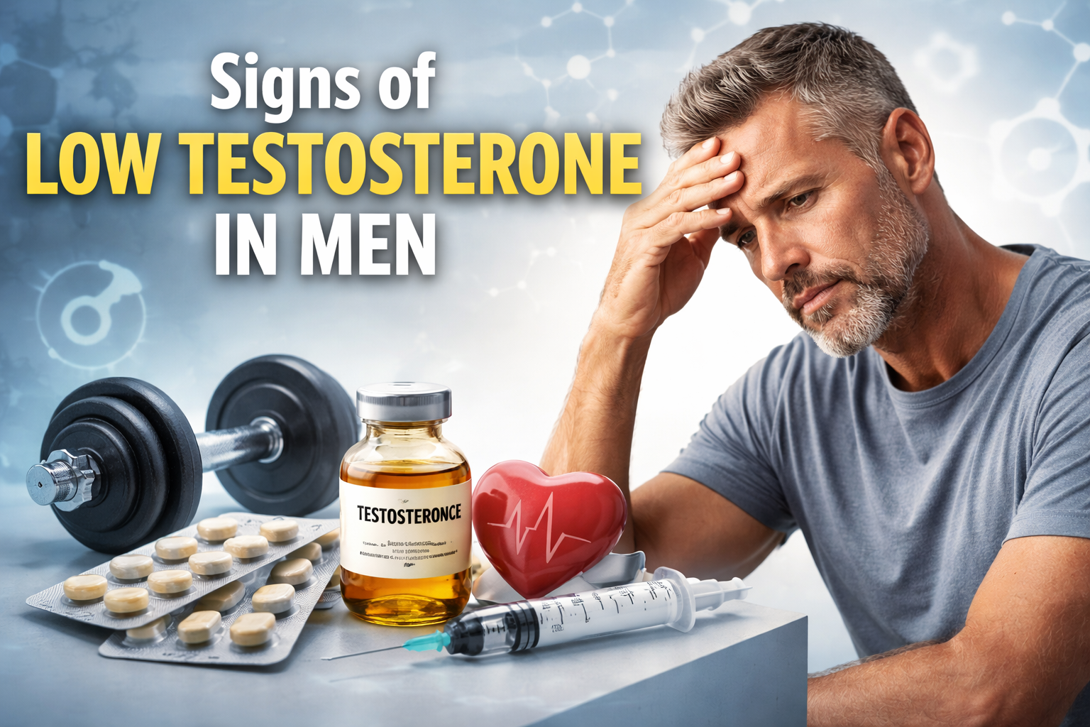 Man experiencing low testosterone symptoms such as fatigue and low energy