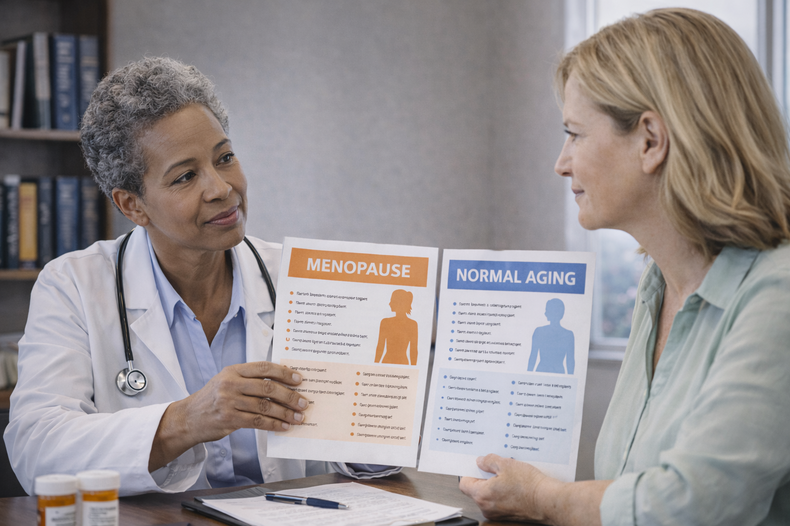 Doctor explaining menopause versus normal aging differences to a patient