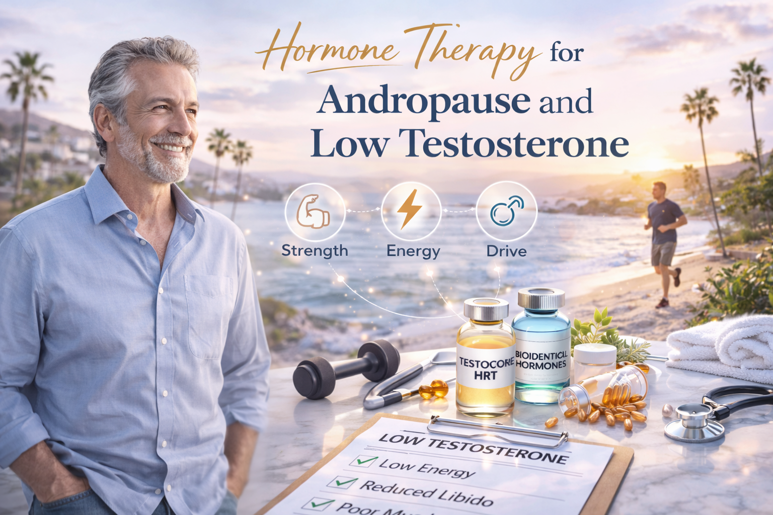Confident middle aged man with coastal background representing hormone therapy for andropause and low testosterone treatment