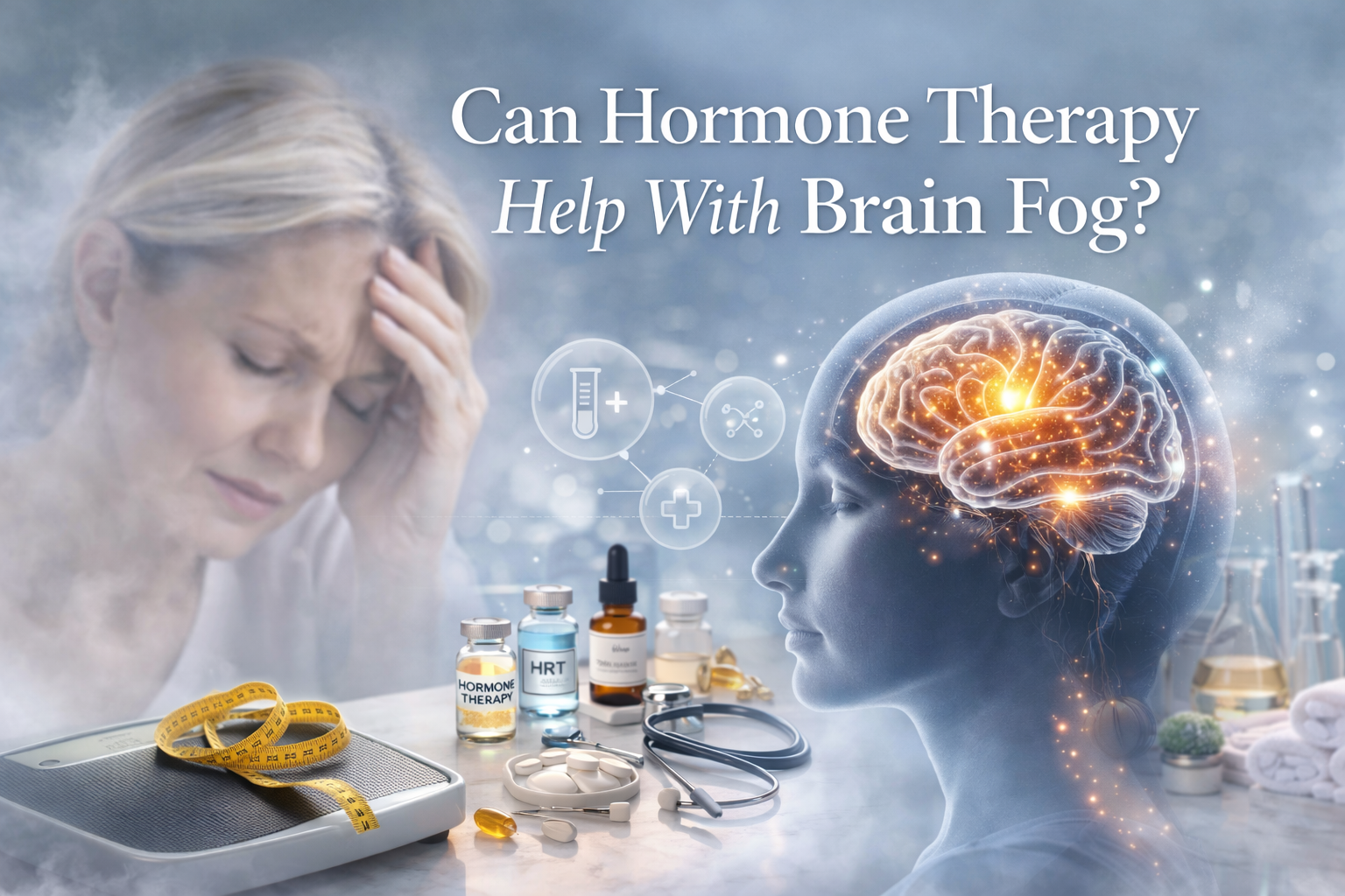 Woman experiencing brain fog symptoms with visual brain illustration representing hormone therapy treatment for cognitive clarity