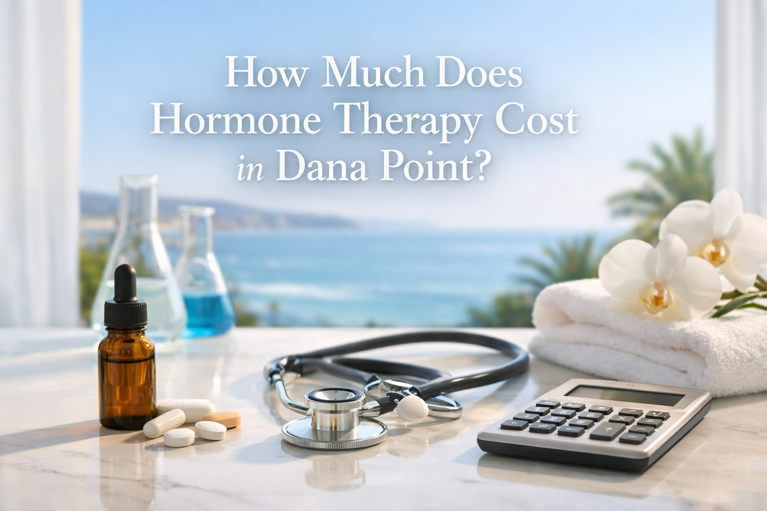 Hormone therapy medication and medical tools with Dana Point ocean background representing hormone therapy cost consultation in Dana Point
