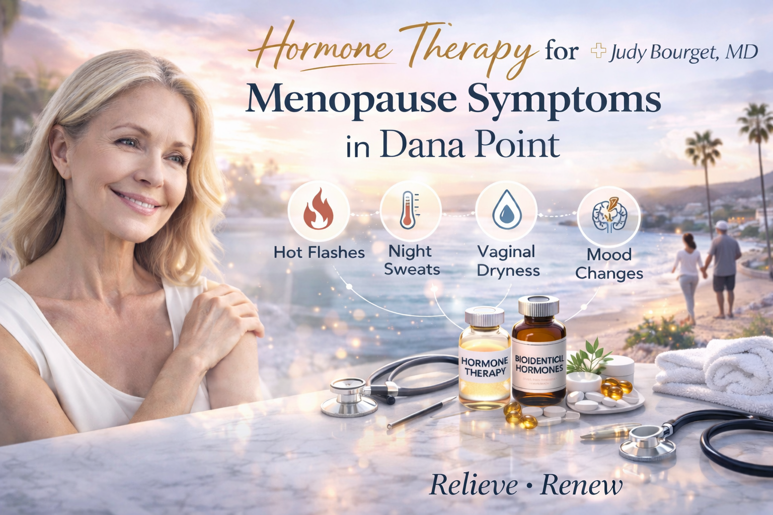 Mature woman smiling with Dana Point coastal background representing hormone therapy for menopause symptom relief