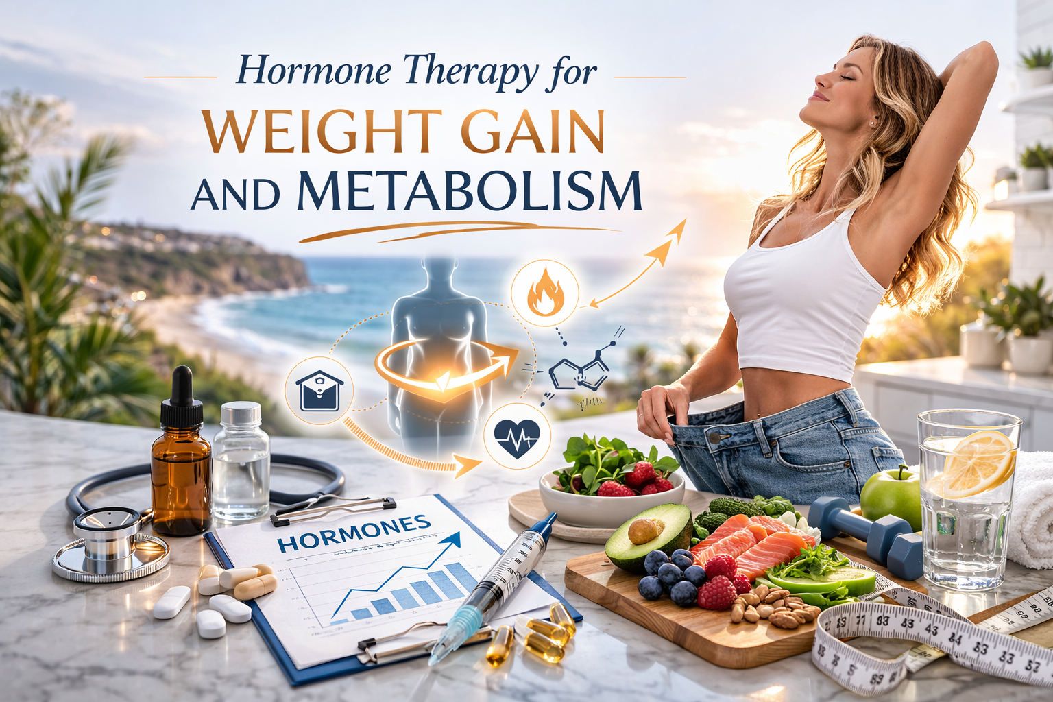 Confident woman representing improved metabolism and weight balance through hormone therapy treatment