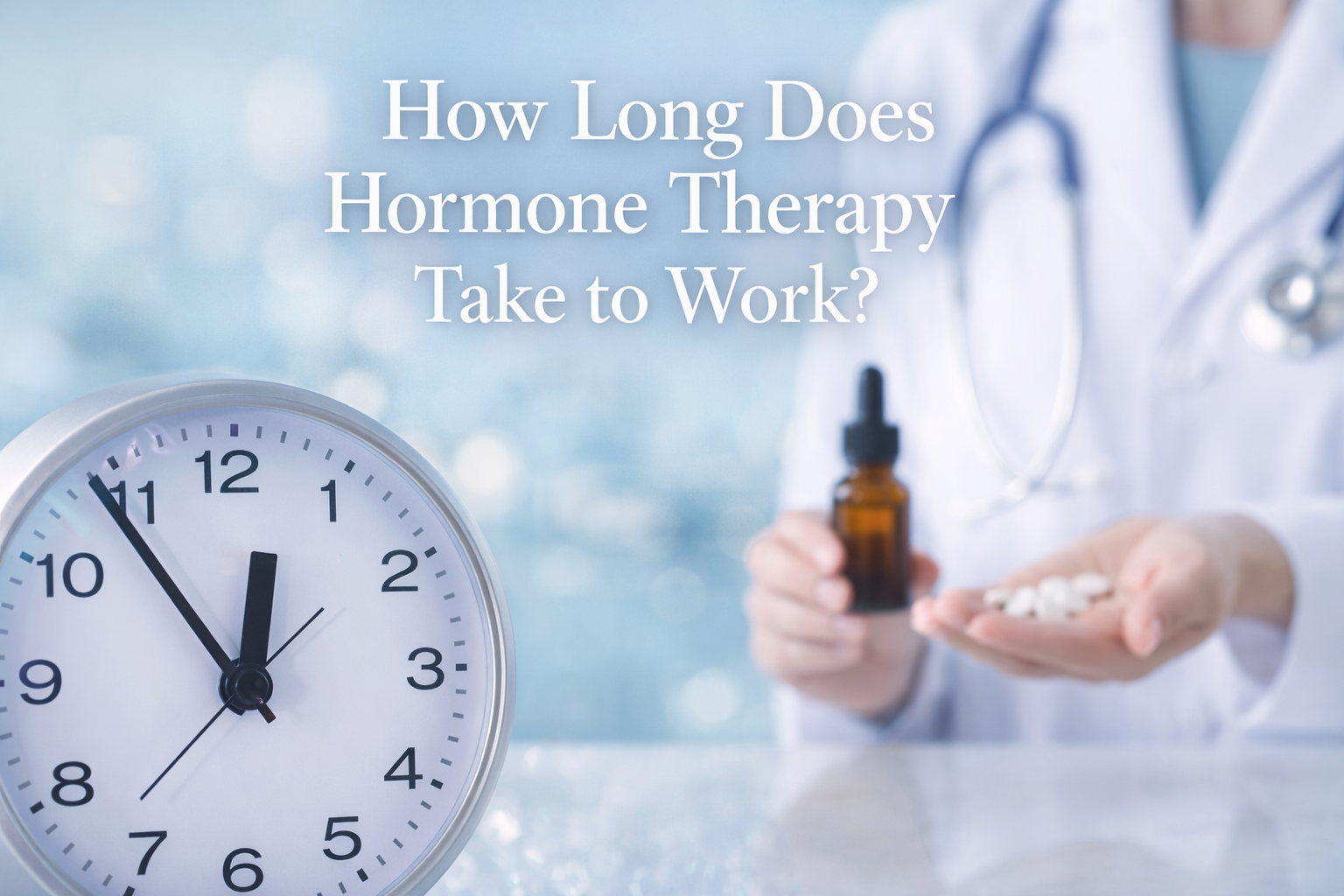 Clock and physician holding hormone therapy medication representing timeline for hormone therapy results