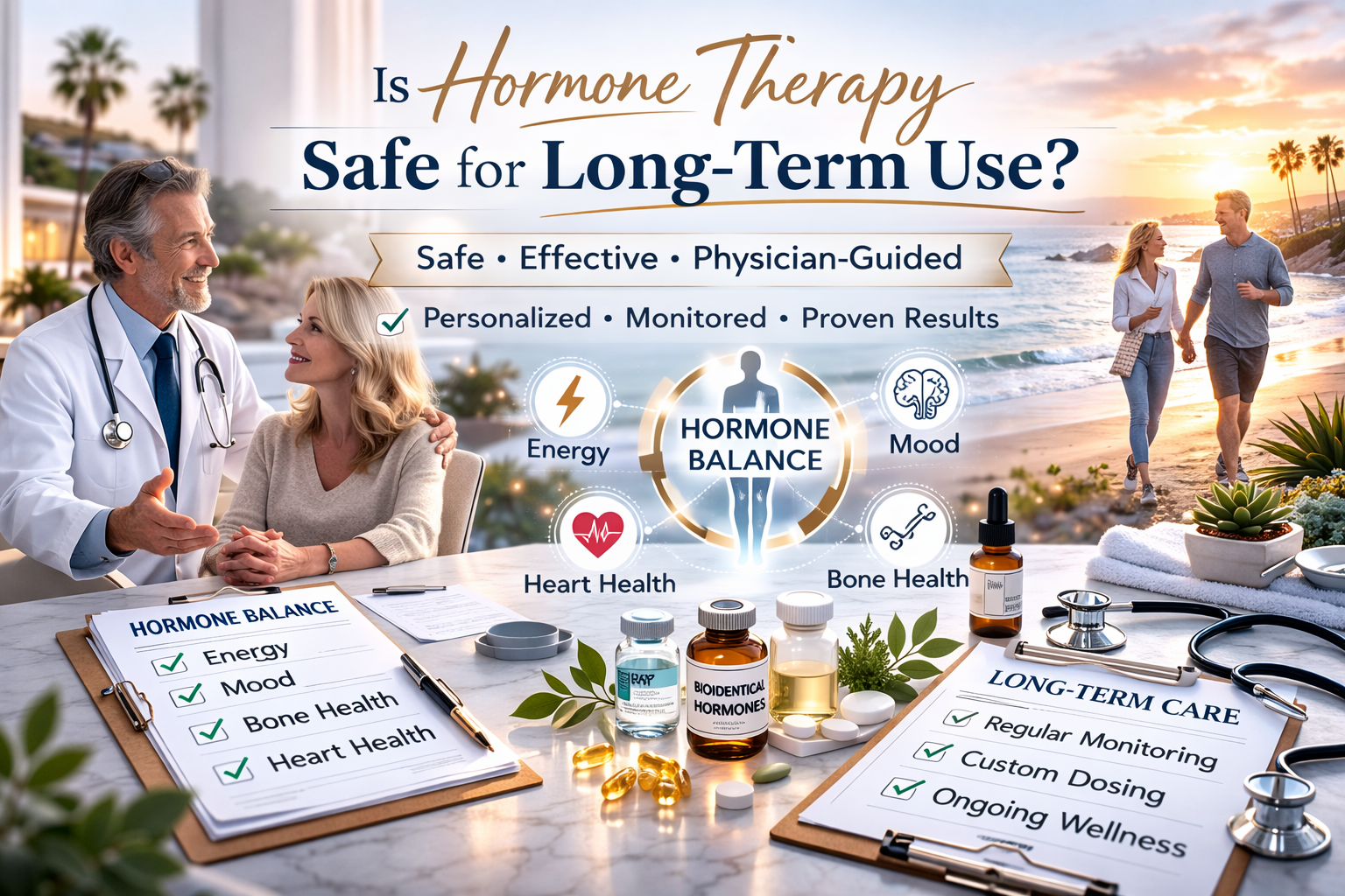 Physician discussing long term hormone therapy safety with patient and wellness monitoring elements
