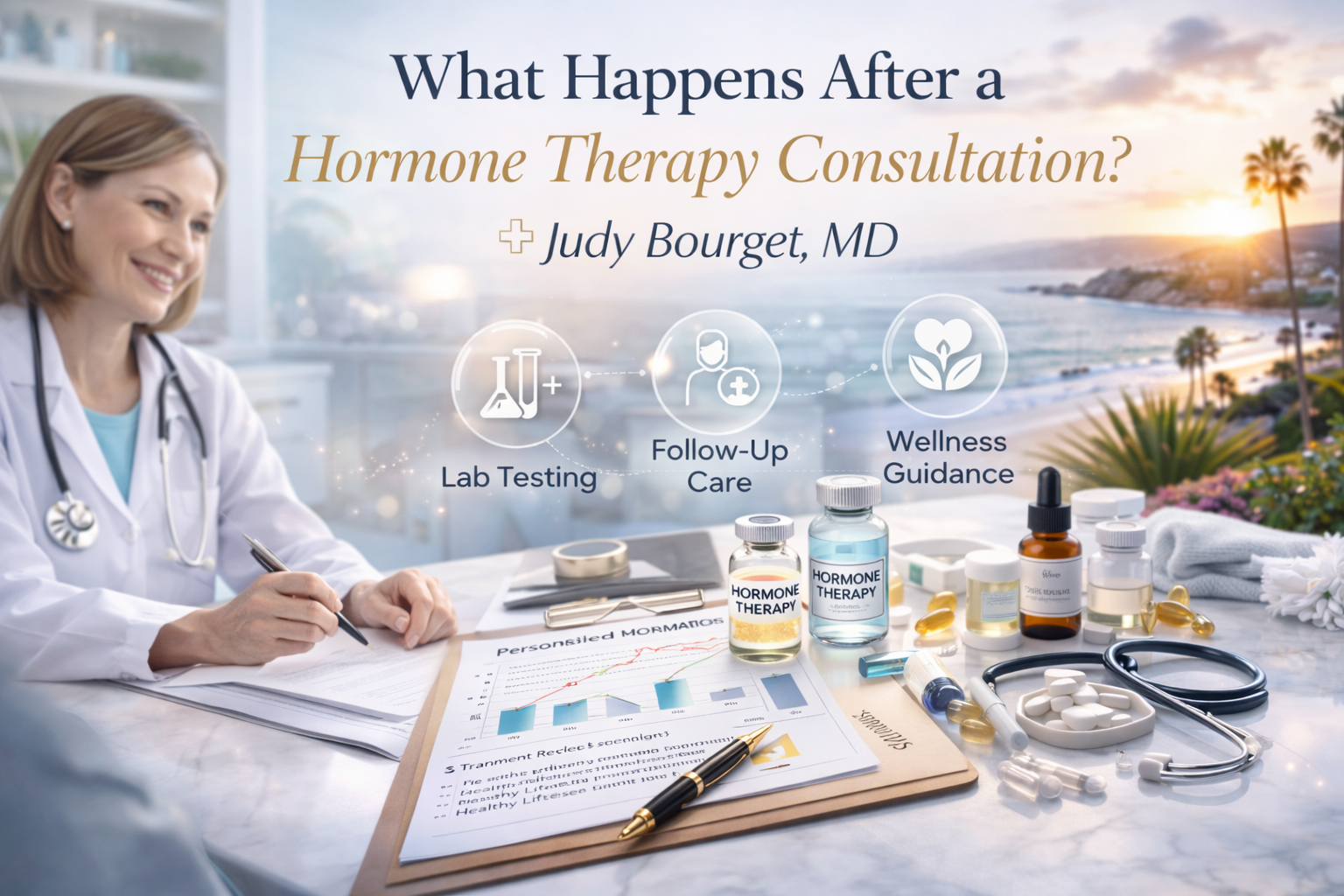 Physician reviewing personalized hormone therapy plan after consultation with lab testing and follow up care elements