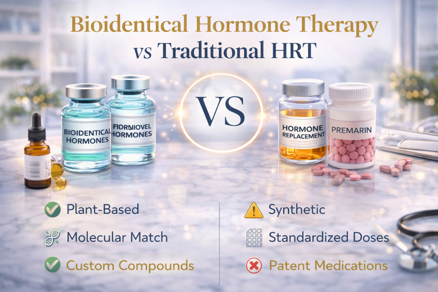 Comparison of bioidentical hormone therapy and traditional HRT medications displayed side by side
